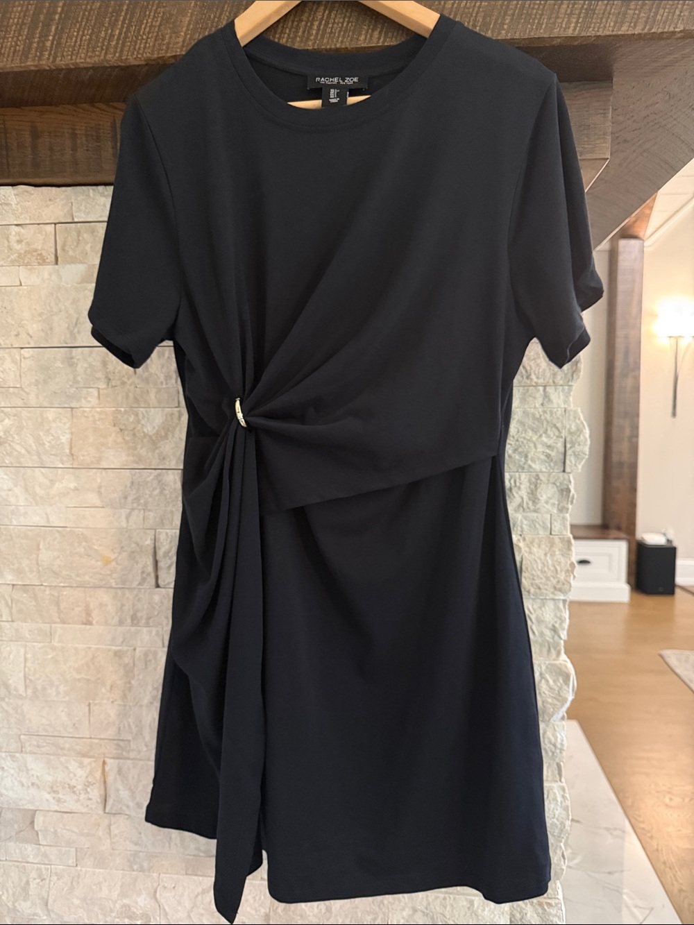 Rachel Zoe Black Short Sleeve dress with Twist- gold tone ring detail. Size S